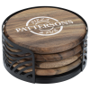 View the Acacia Wood 4 pc Coaster Set in Metal Stand - Round