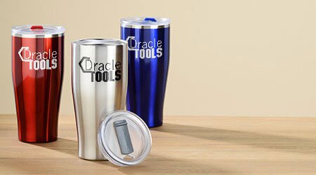 Promotional drinkware products that include travel coffee mugs