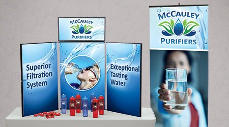 Trade show products that include table top displyas and table throws