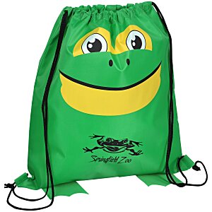 Green and yellow drawstring bag that looks like a frog