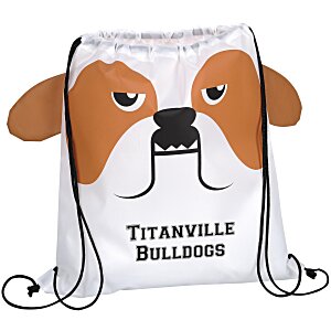 White and brown drawstring backpack that looks like a bulldog with floppy ears.