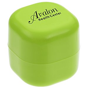 Green branded cube shaped lip balm container