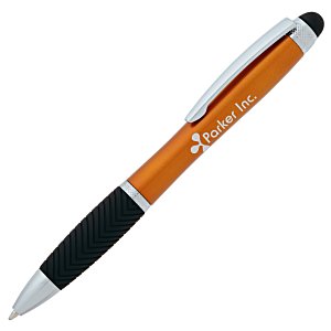 Metallic orange light-up logo stylus pen with black rubber grip