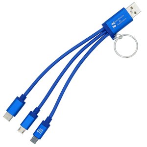 Blue keychain with three charging cables attached