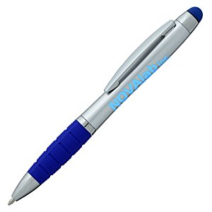 Silver light up logo pen with blue rubberized grip