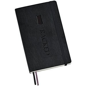 Branded black soft cover Moleskin with two ribbon bookmarks and elastic band