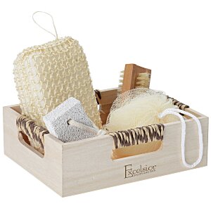 Wooden box with spa supplies inside