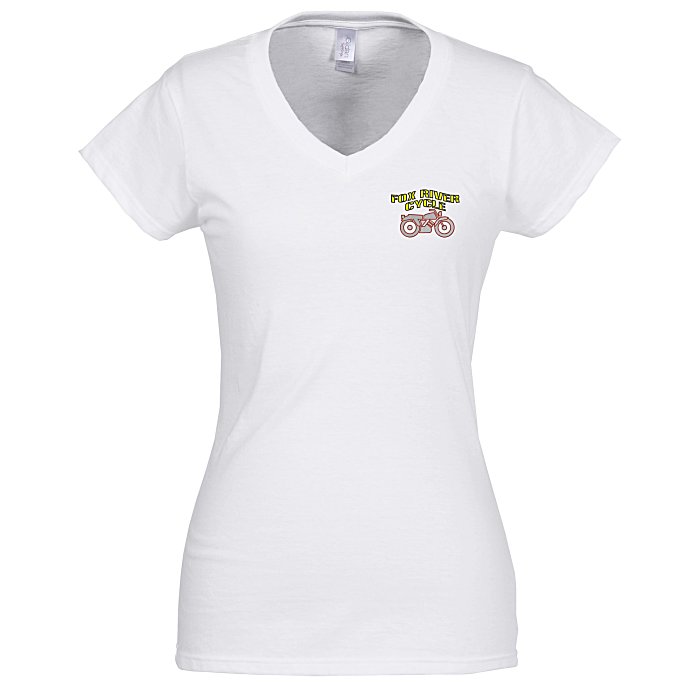 4imprint Com Gildan Softstyle V Neck T Shirt Ladies White Embroidered 24 Hr L Vn W E 24hr