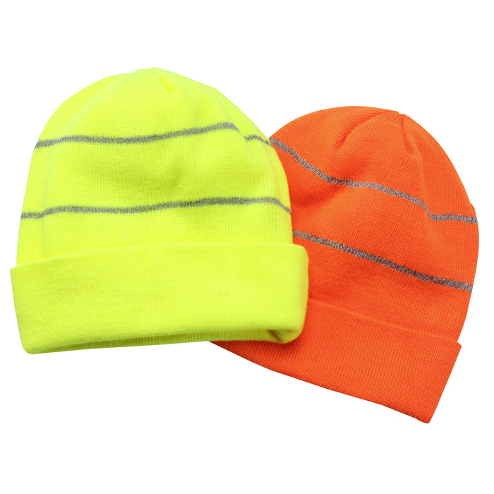 Neon Yellow Hi Vis Safety Beanie Hat Customize Your Logo Winter Knit Hat With Reflective Strips Unisex
