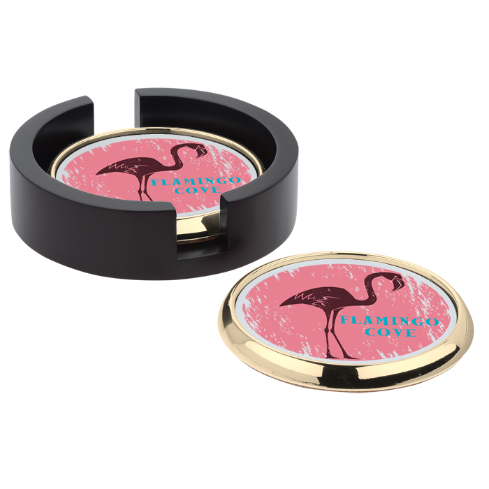 Two Round Full Color Coasters with Wood Tray 1385402RD