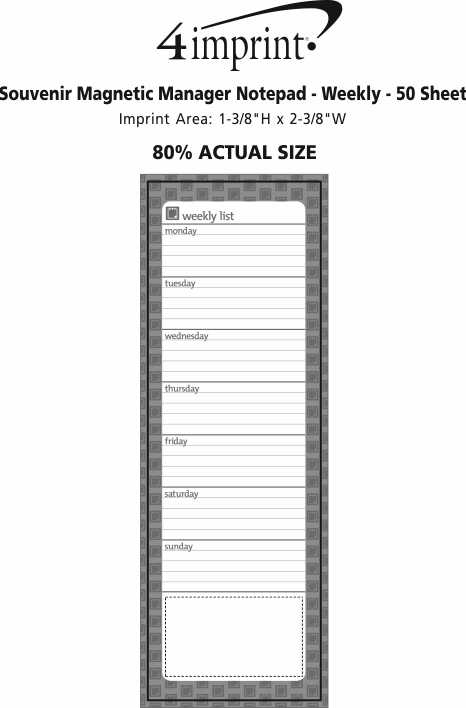 Imprint Area of Souvenir Magnetic Manager Notepad - Weekly - 50 Sheet