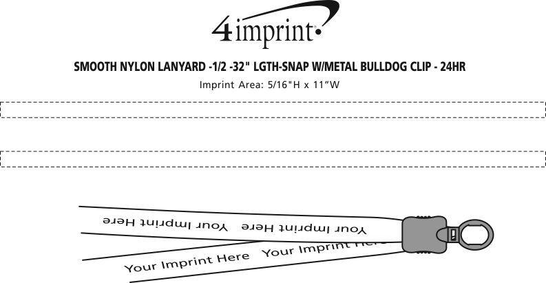 Imprint Area of Smooth Nylon Lanyard - 1/2" - 32" - Snap with Metal Bulldog Clip - 24 hr
