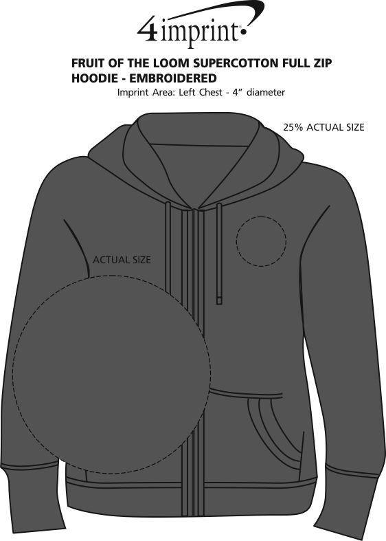 Imprint Area of Fruit of the Loom Supercotton Full-Zip Hoodie - Embroidered