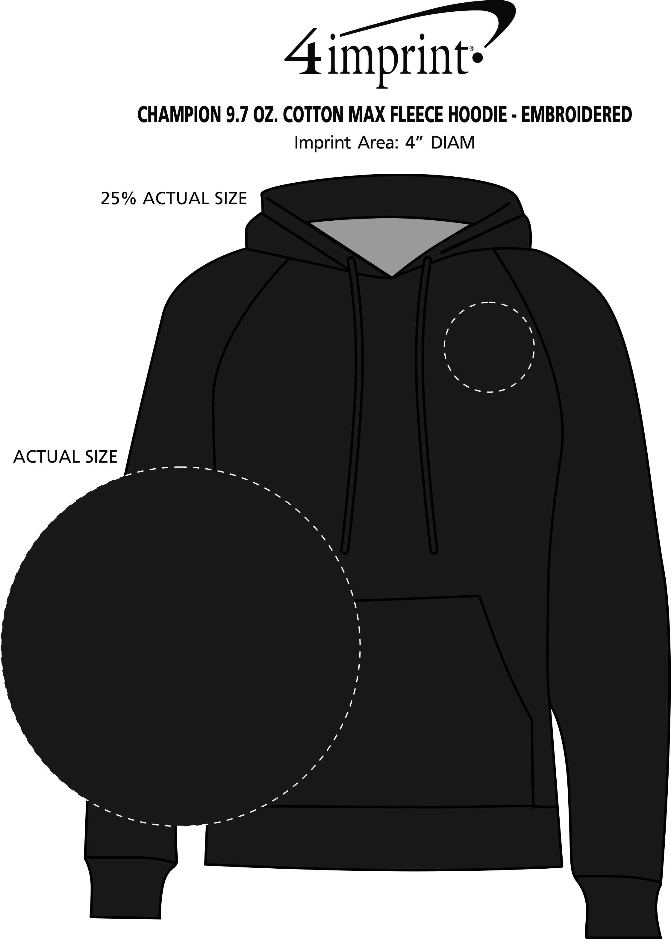 Imprint Area of Champion 9.7 oz. Cotton Max Fleece Hoodie - Embroidered