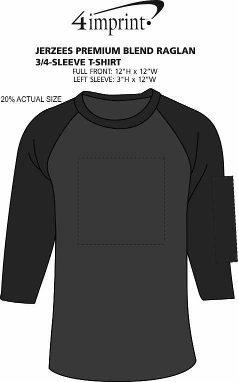 Imprint Area of Jerzees Premium Blend Raglan 3/4-Sleeve T-Shirt