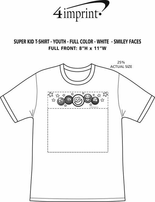 Imprint Area of Super Kid T-Shirt - Youth - Full Color - White - Smiley Faces