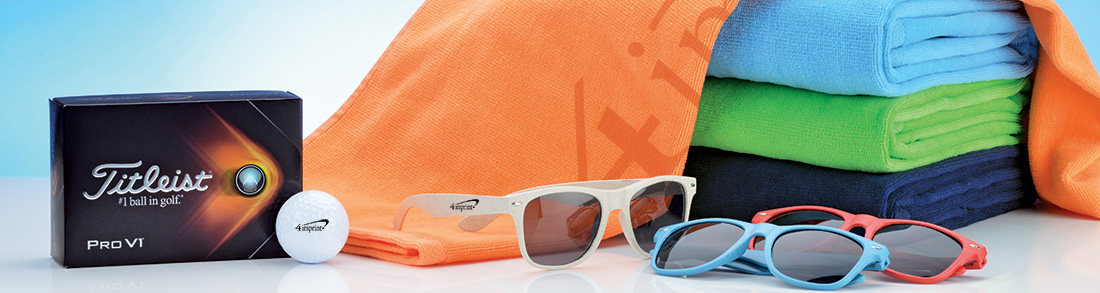 Promotional Outdoor Products that include towels, sunglasses and golf balls