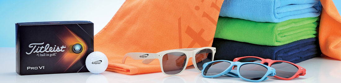 Promotional Outdoor Products that include towels, sunglasses and golf balls