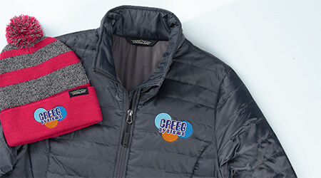 Promotional business apparel products that include a hat and puffer jacket
