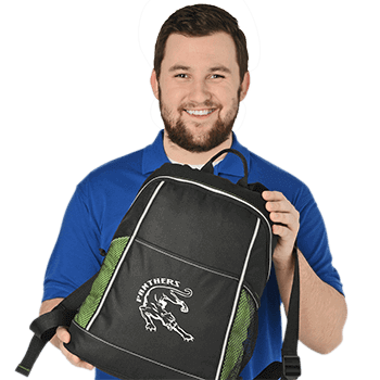 Dave holding the championship backpack